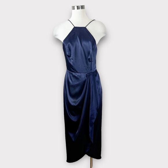 After Six Stretch Charmeuse Halter Draped Midi Dress Midnight Navy Blue Size 8 - Picture 4 of 15